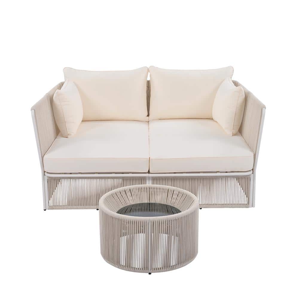 2-Piece Wicker Outdoor Sunbed, Patio Double Chaise Lounger Loveseat Daybed 