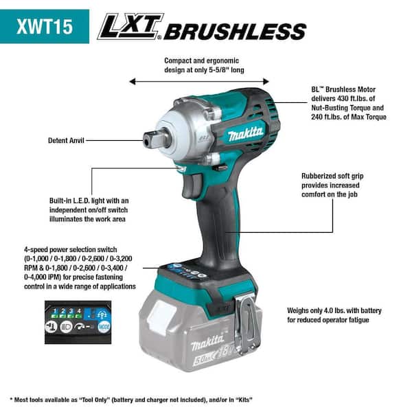 18V LXT Brushless Cordless 1/2 in. Impact Wrench w/Detent Anvil, Tool Only w/bonus 18V Power Source, Tool Only