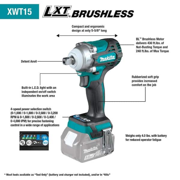 Makita XWT15Z 18V LXT Brushless Cordless 4 Speed 1/2" 5.0 Ah Impact Wrench Kit