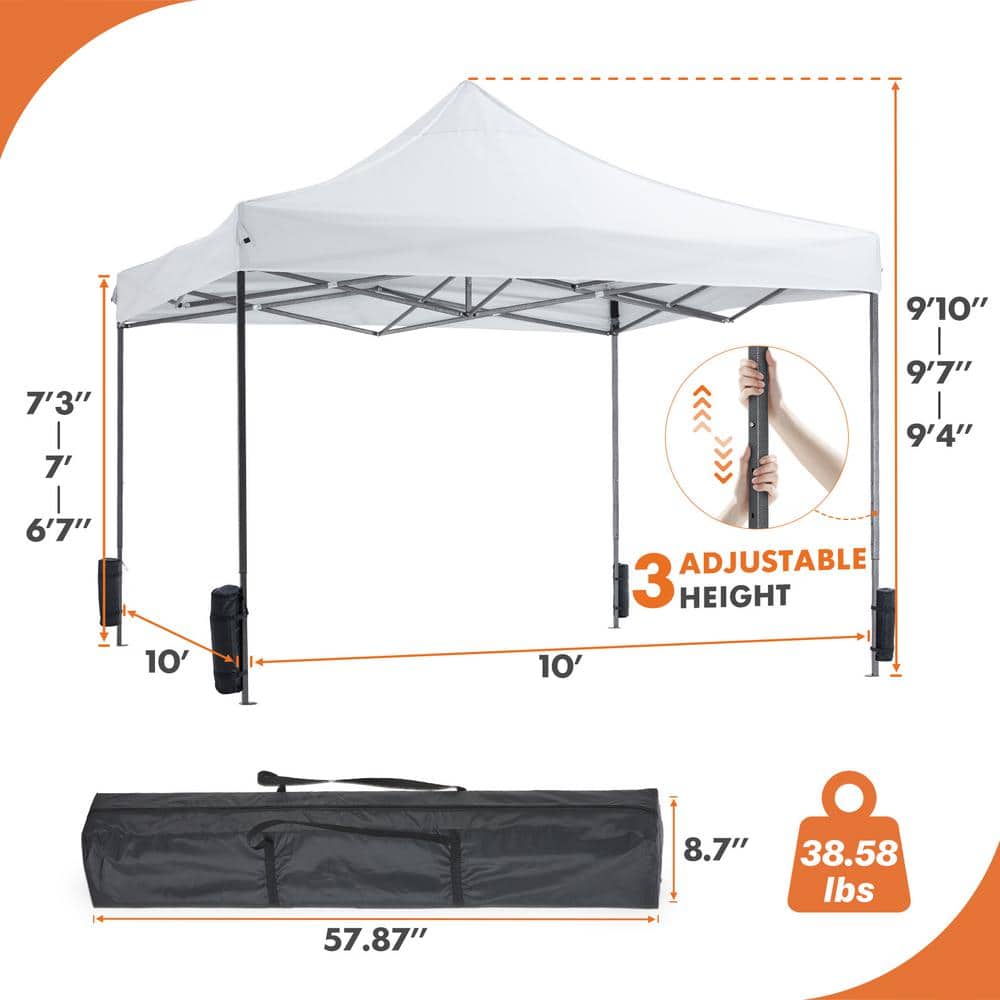10x10 White Pop-Up Canopy Tent with Black Frame and Carrying Bag