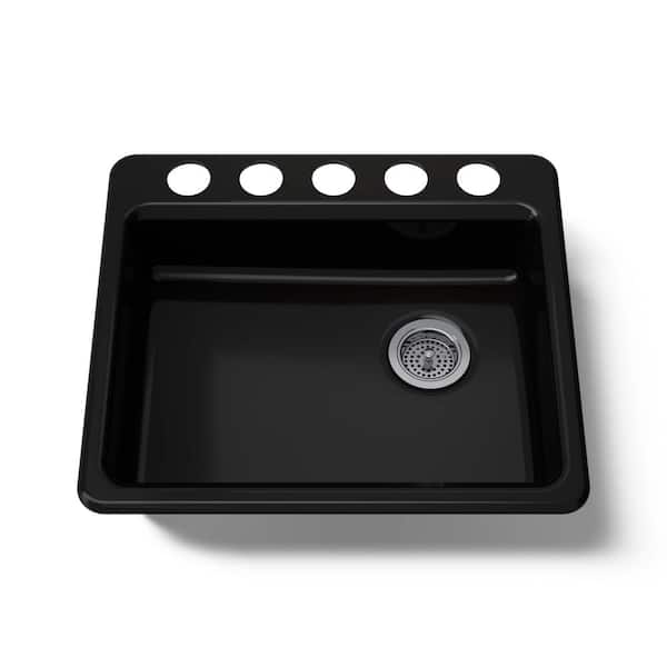 KOHLER Riverby Undermount Cast Iron 25 in. 5-Hole Single Bowl Kitchen Sink in Black Black