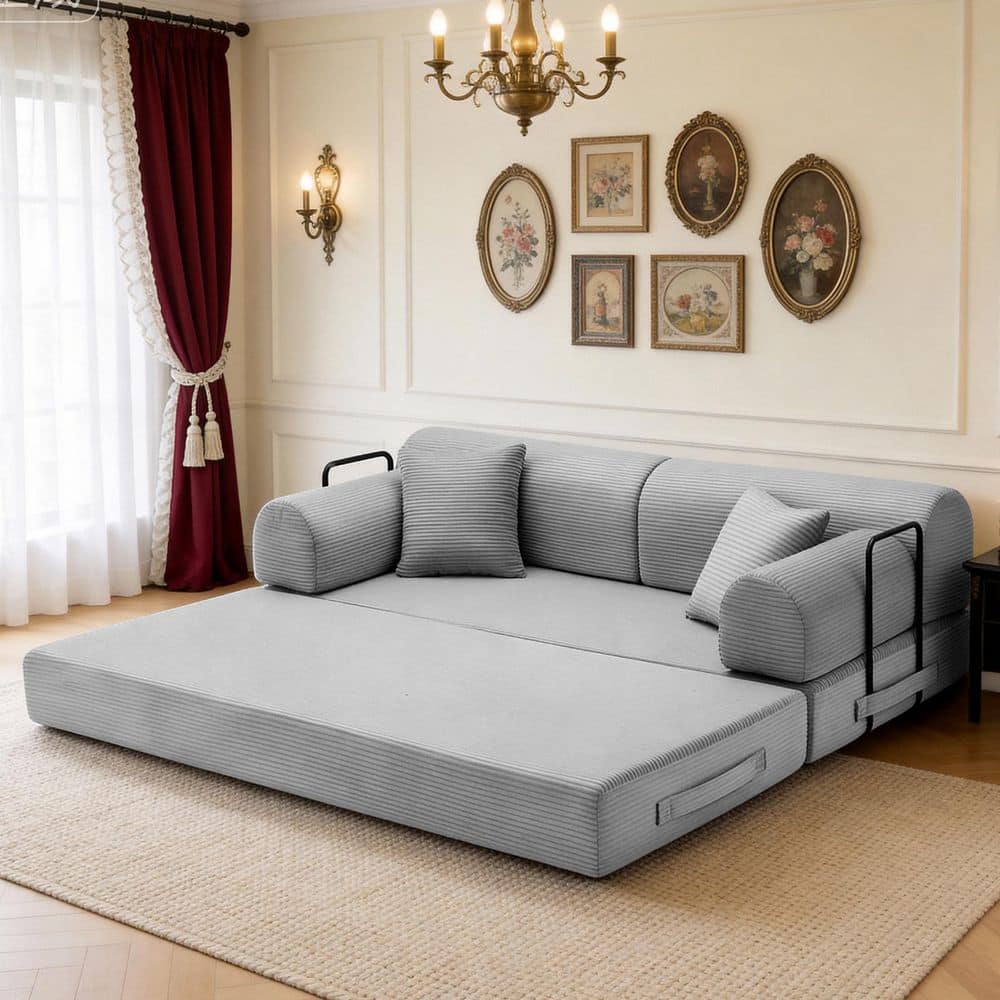 Grady 78.74 in. Round Arm Corduroy Upholstered Rectangle Convertible Sofa Bed in Light Grey, Full Foam price history on PriceWatchPro