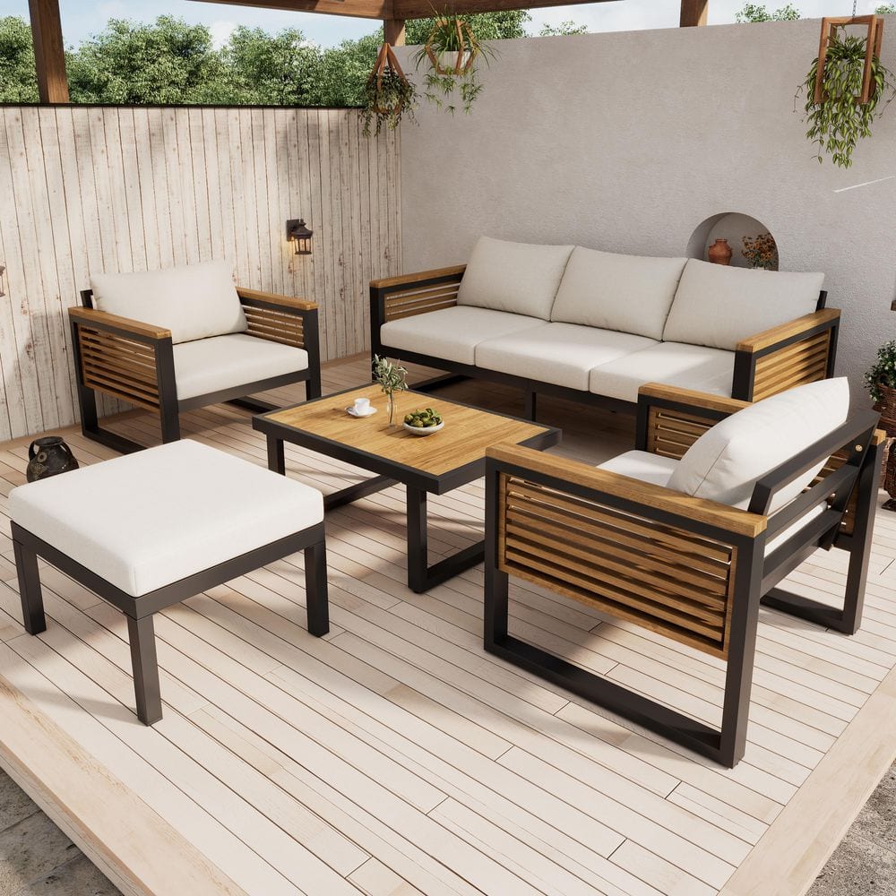 Griffin Outdoor 5-Piece Solid Wood and Metal Patio Conversation Set with Beige Cushions, Ottoman, Teak + Black