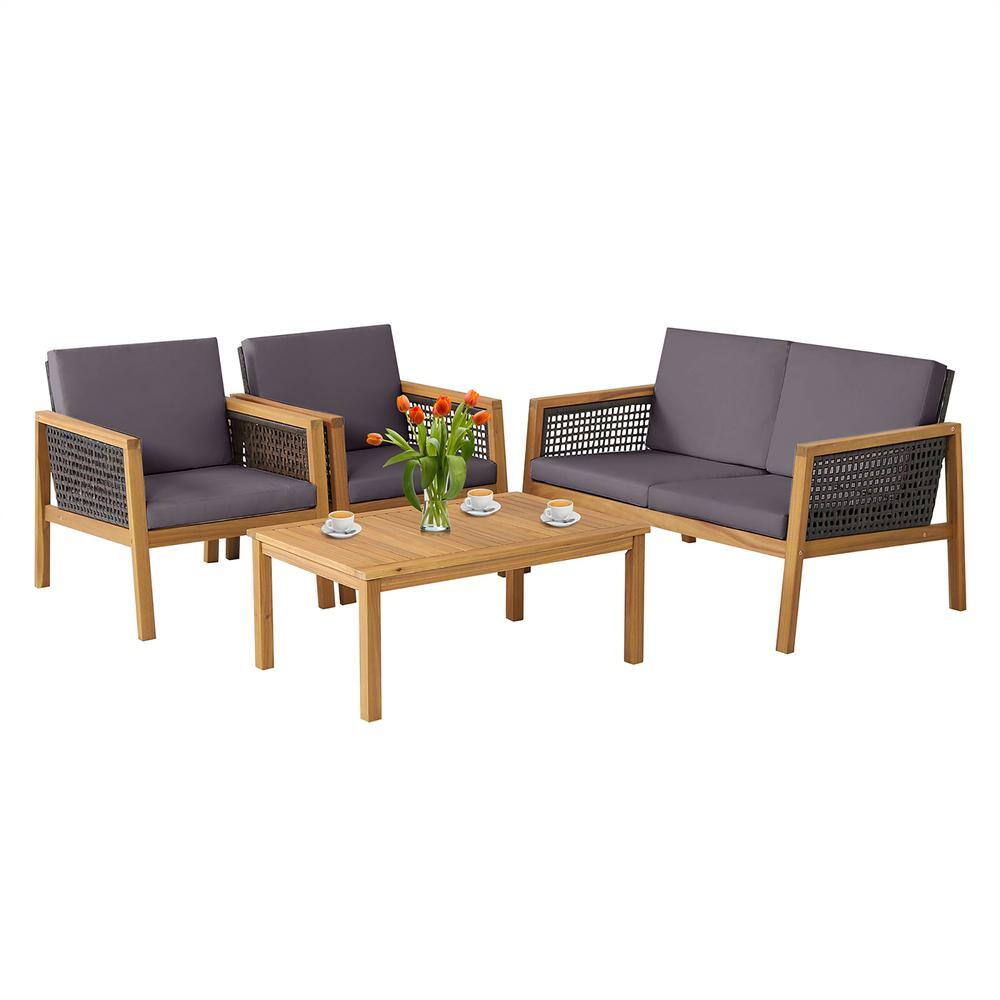 Costway 4Piece Patio Rattan Furniture Set Acacia Wood Cushioned Sofa Gray HW69144GR+ The Home