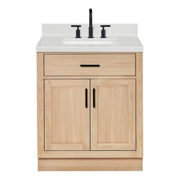 Hepburn 30 in. W x 22 in. D x 36 in. H Single Freestanding Bath Vanity in Oak with Carrara White Quartz Top