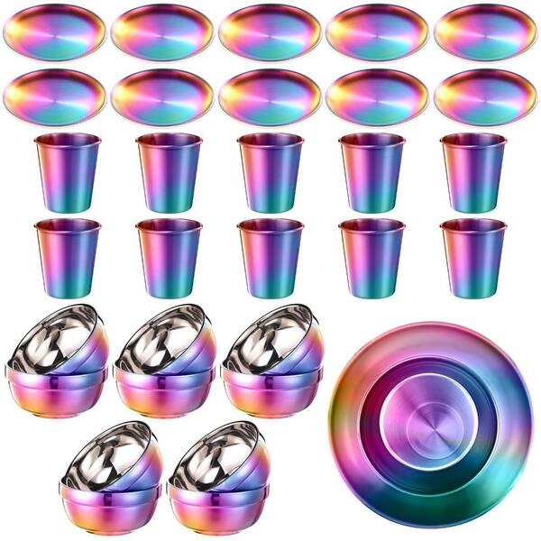 30-Piece Contemporary Rainbow Iridescent Metal Stainless Steel Dinnerware Set Service for 10