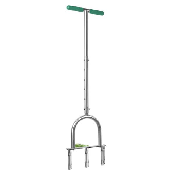 Stainless Steel Manual Lawn Aerator Tool Heavy Duty Plug Aerator Adjustable Height Core Aeration Compaction Relief