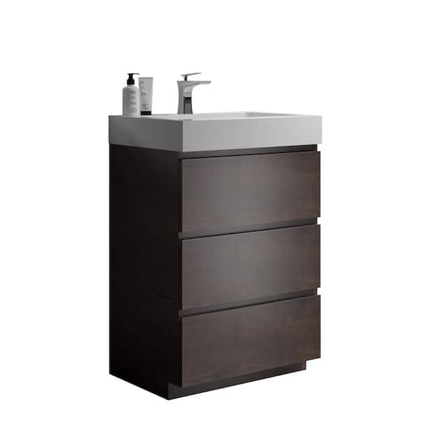 24 in. Single Sink Freestanding Walnut Bath Vanity with White Engineered Stone Top (Assembled), 3 Soft-closing Drawer