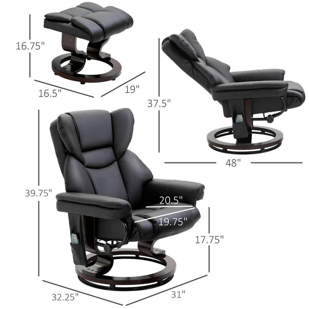 Black Faux Leather Massage Recliner with Ottoman and Metal Base
