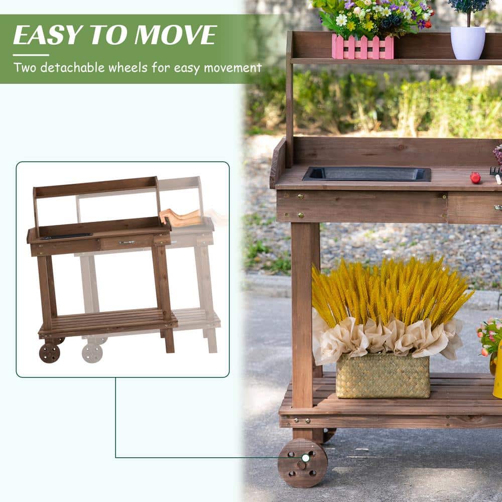 Outsunny 36'' Brown Wooden Potting Bench with Sink and Storage