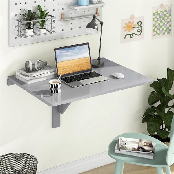 Gymax 31.5 in. Rectangular Gray Desk Wall-Mounted Drop-Leaf Table Floating Folding Desk Space Saver