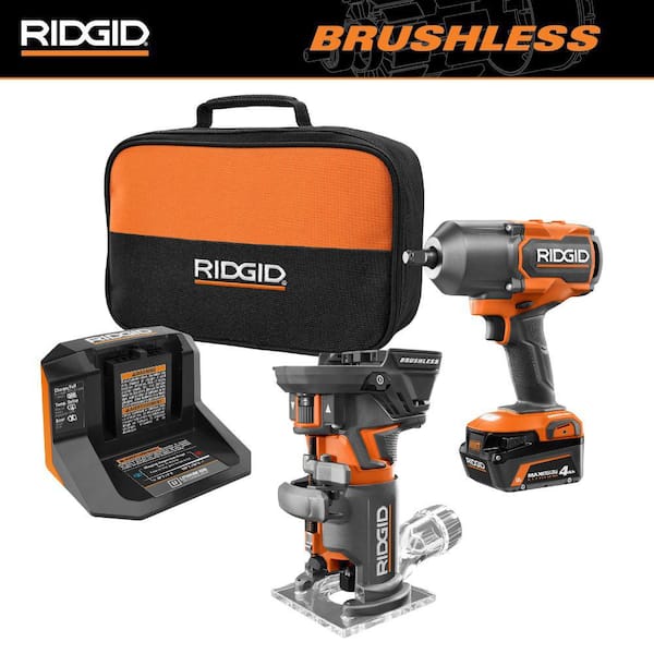 RIDGID 18V Brushless Cordless 2-Tool Combo Kit w/ High-Torque Impact Wrench, Compact Fixed Base Router, 4 Ah Battery, & Charger