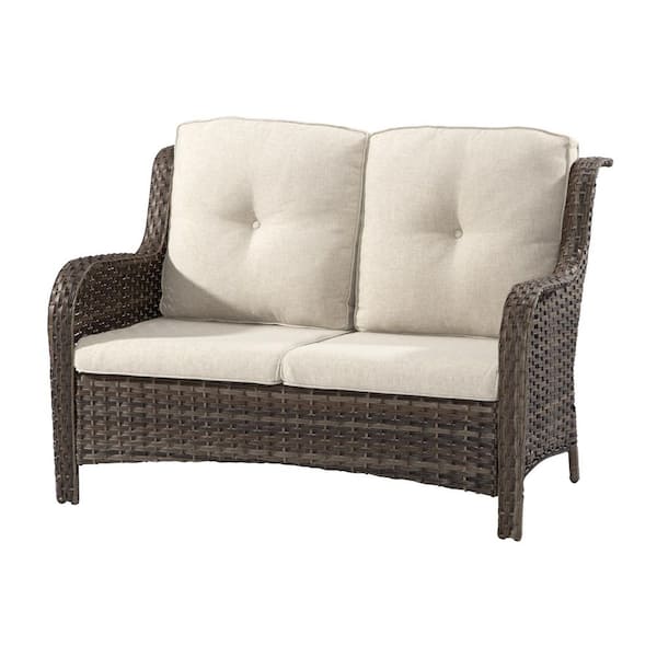 Brown Wicker Outdoor Patio Deep Seating Loveseat Couch with Beige Cushions