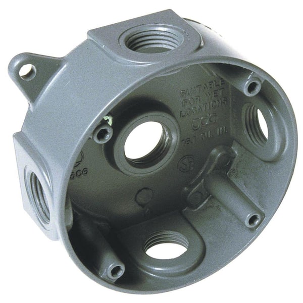 BELL N3R Aluminum Gray Round Weatherproof Outdoor Electrical Box, 5 Outlets at 1/2-in., With 4 Closure Plugs