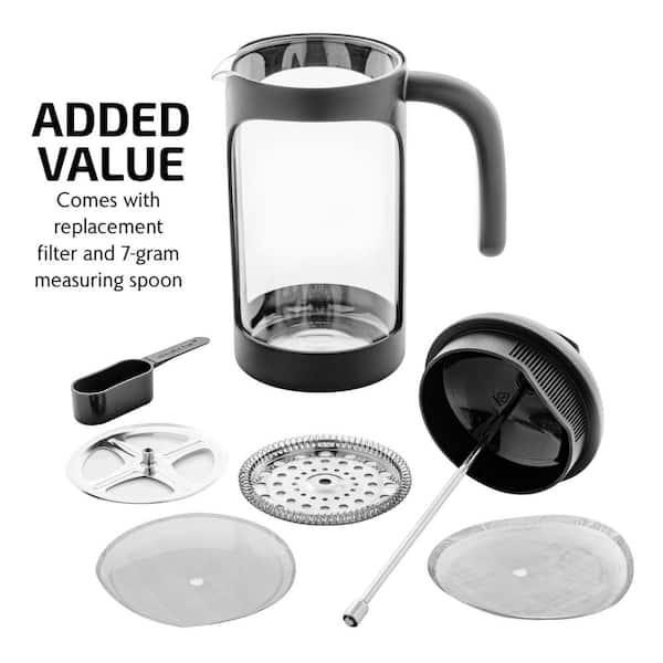 34oz Stainless Steel French Press Coffee Maker with 4 Filters, Heat  Resistant Glass, Easy to Clean, Black