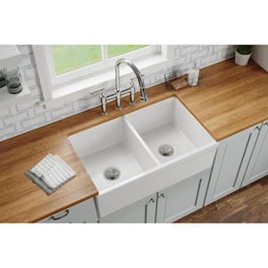 Fireclay 33in. Farmhouse/Apron-Front 2 Bowl  White Gloss Fireclay Sink Only and No Accessories