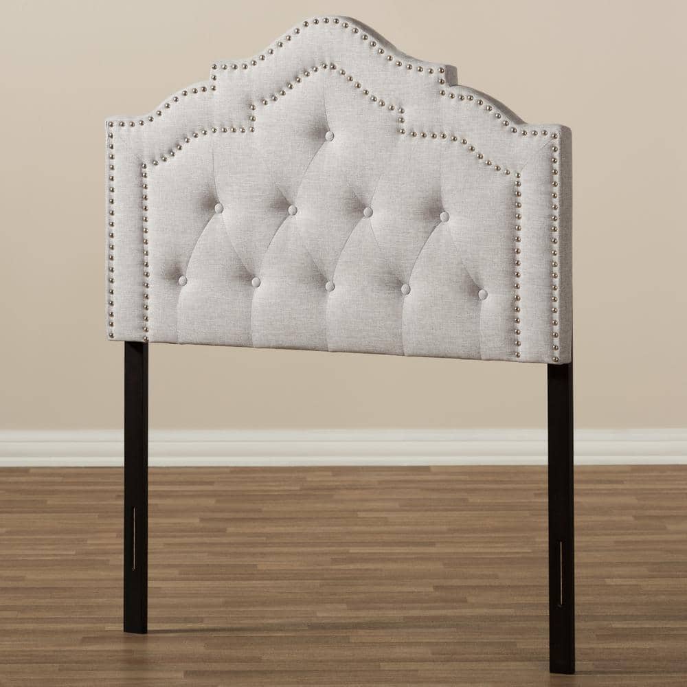 Greyish Beige Tufted Upholstered Twin Headboard with Nailhead Trim