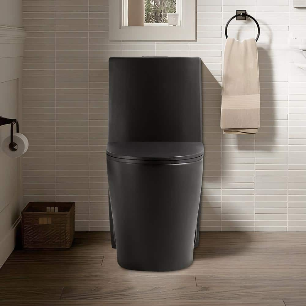 Woodbridge Bering Black Toilet with Chrome Button Dual Flush Elongated  Chair Height WaterSense Soft Close Toilet 12-in Rough-In 1.28-GPF at