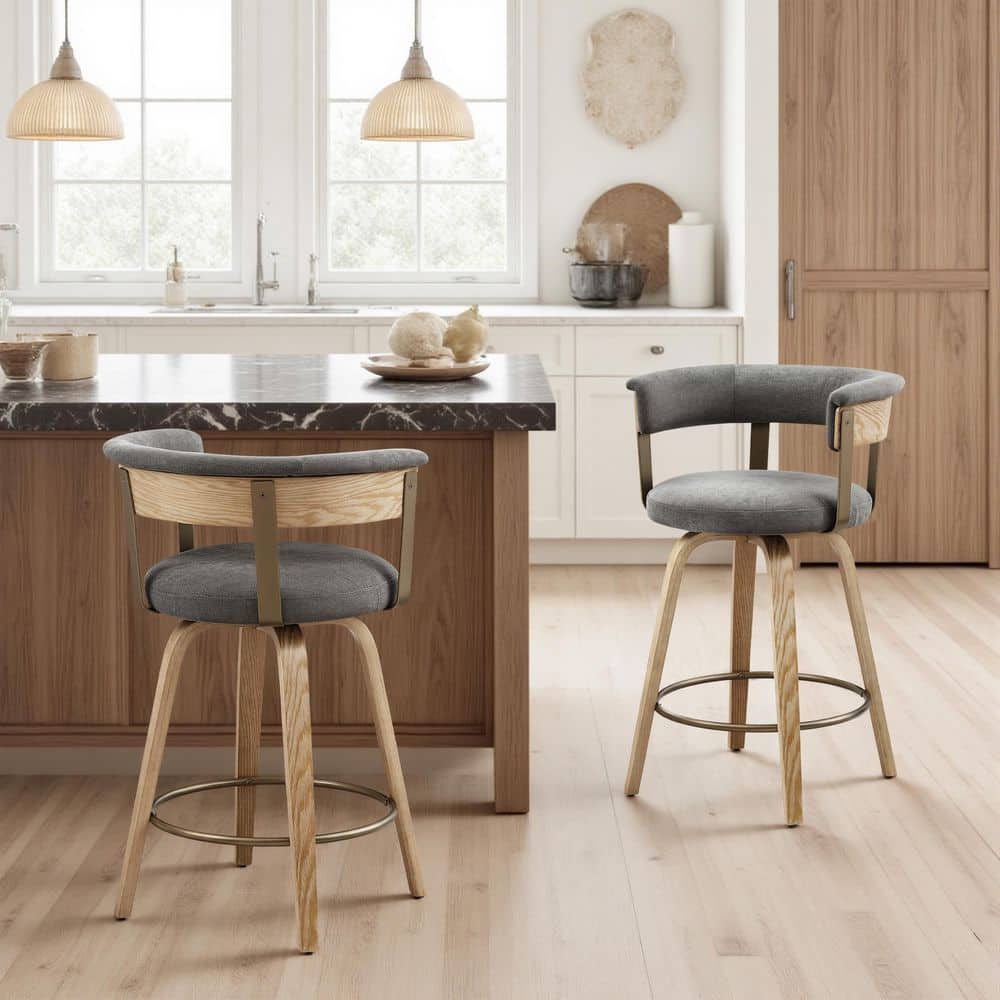 PIVOT 26.38 in. Seat Height Gray Fabric Swivel Bar Stools with Wood/Metal Frame (Set of 2)