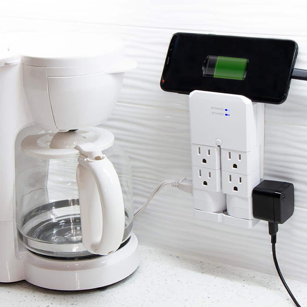 White 6-Outlet Swivel Wall Tap Surge Protector with USB Ports