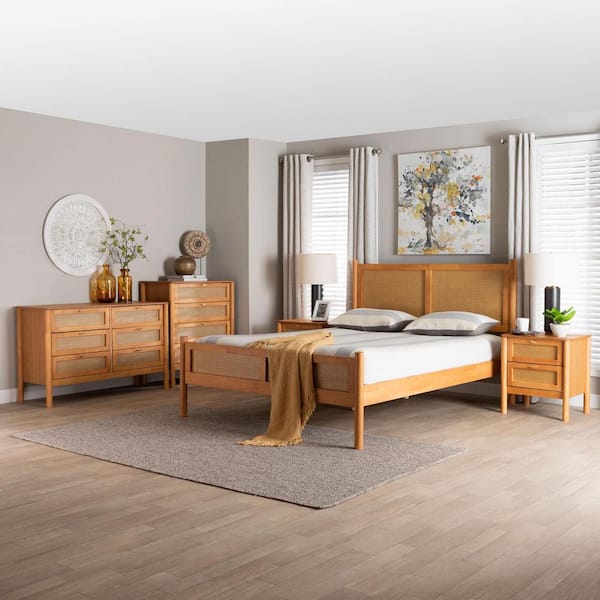 Jenn 5-Piece Golden Brown Wood Queen Bedroom Set with Distressed Rattan