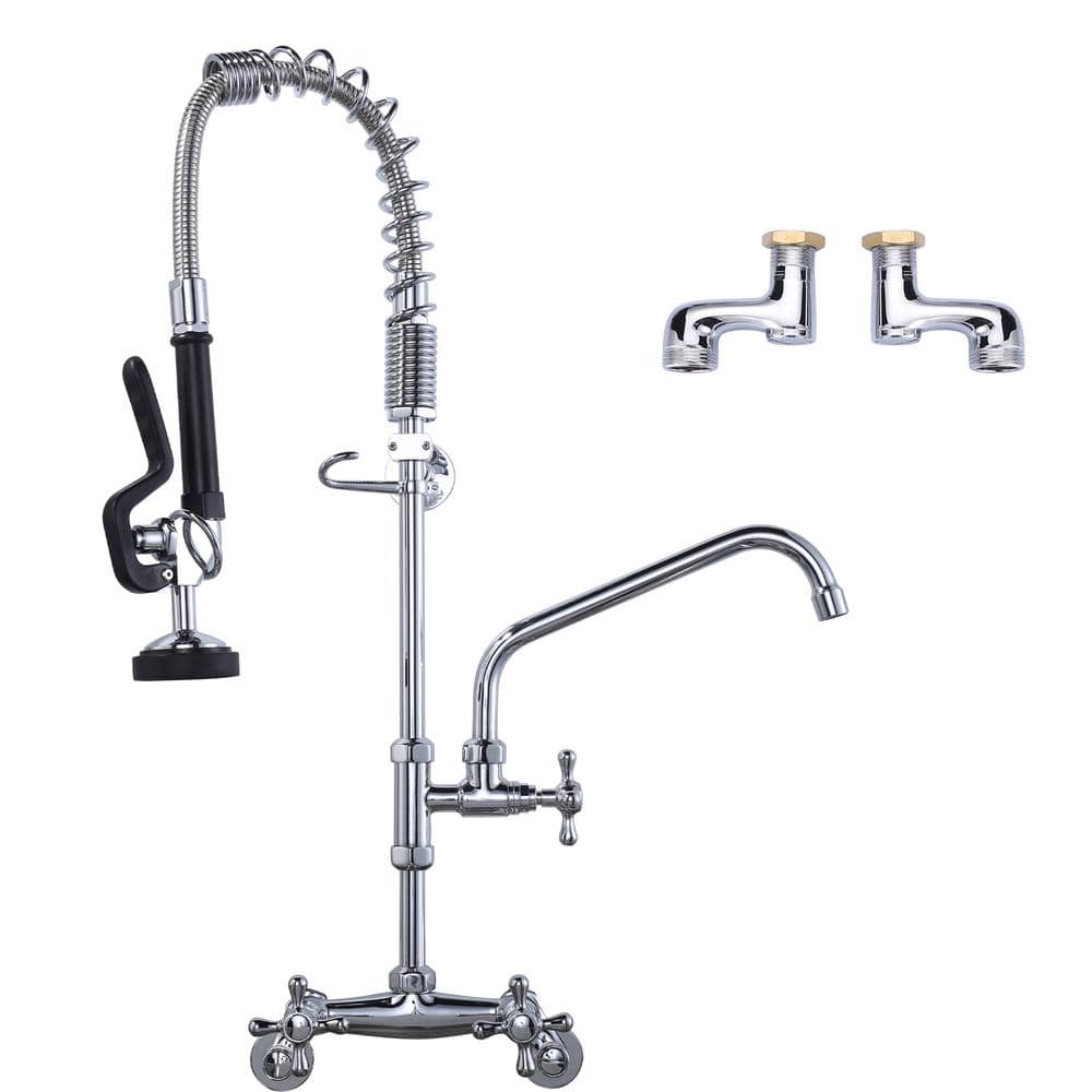 26-Inch Chrome Wall Mount Commercial Kitchen Faucet with Pull-Down Spray