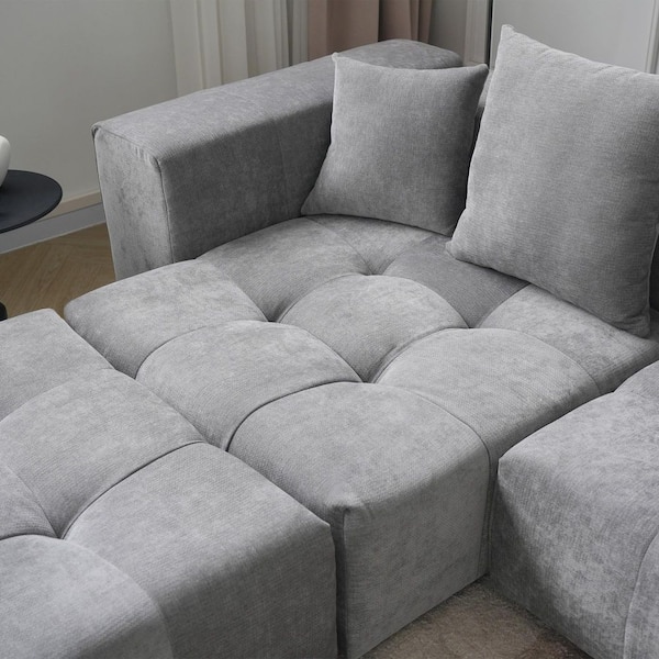 J&E Home Oversized 184 in. W Linen 6-Piece L-Shaped Tufted