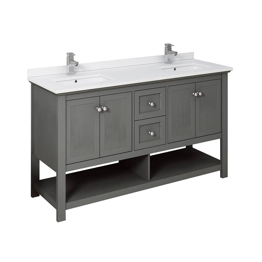 Manchester Regal 60 in. W Double Vanity in Gray Wood with Quartz Stone Vanity Top in White with White Basins -  Fresca, FCB2360VG-DCWHU