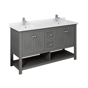 Manchester Regal 60 in. W Double Vanity in Gray Wood with Quartz Stone Vanity Top in White with White Basins