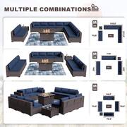 14-Piece Wicker Patio Conversation Set with 55000 BTU Gas Fire Pit Table and Glass Coffee Table and Navy Cushions