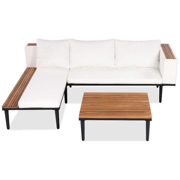 3-Piece Wood Patio Conversation Set with Beige Cushion, Outdoor Sectional Sofa with Coffee Table for Yard, Pool Backyard