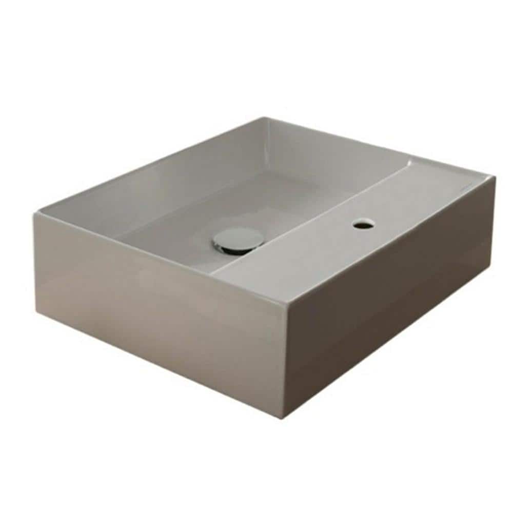 Contemporary White Ceramic Rectangular Vessel Sink with Pop-Up Drain