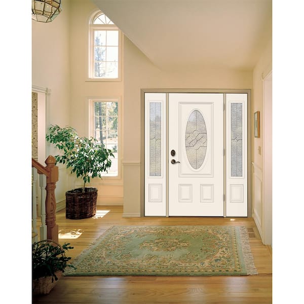 60 in. x 80 in. Left-Hand 3/4 Oval Brevard Decorative Glass Primed Fiberglass Prehung Front Door w/Sidelites