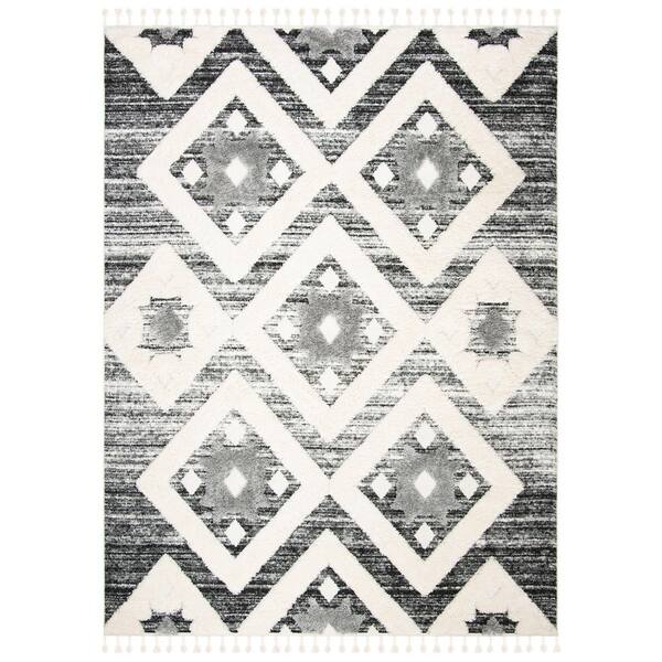 Moroccan Tassel Shag 11 x 15 Gray/Ivory Tribal Area Rug