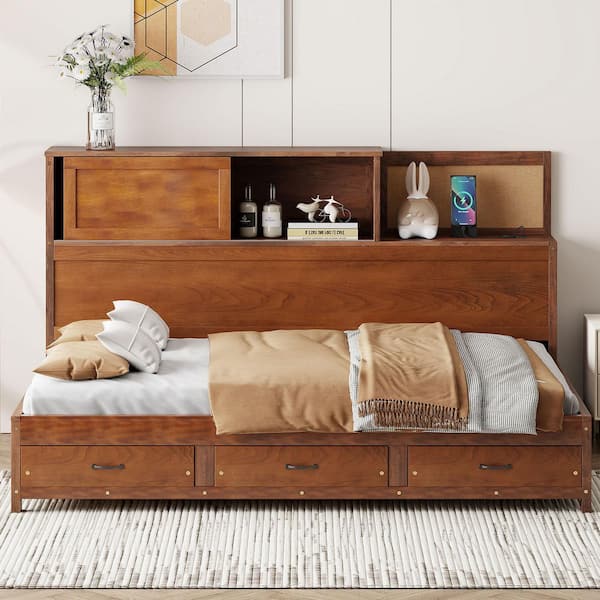 Harper & Bright Designs Walnut Wood Full Size Daybed with Storage Shelves, 3-Drawers, Cork Board, USB Ports, Slide-Door Compartment