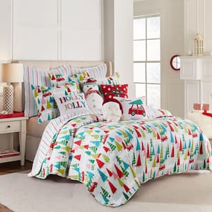 Merry and Bright Holly Jolly Multi-Color Christmas Trees Reversing to Stripes Twin/Twin XL Microfiber Quilt
