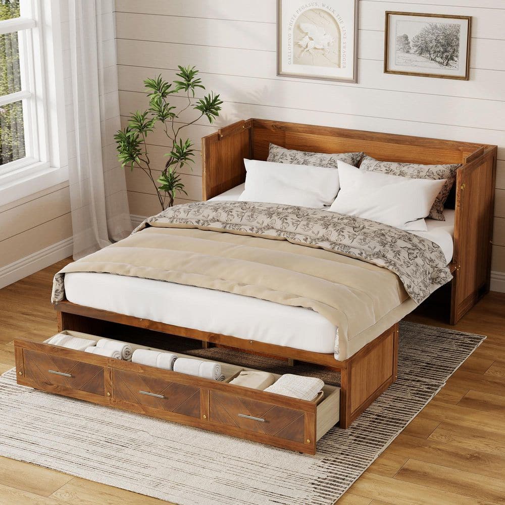 Walnut Brown Wood Frame Queen Size Murphy Bed Wall Bed with Large Drawer, USB Charging Port, Transform to the Cabinet price history on PriceWatchPro