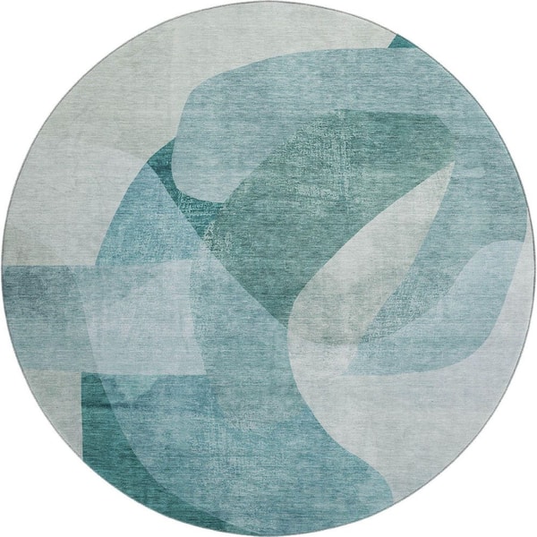 Mayfield Premium Machine Washable Abstract AMF2057 Teal 8 ft. x 8 ft. Round Rug