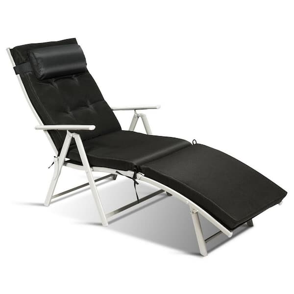 Unbranded Metal Folding Outdoor Chaise Lounge Chair with Cushion and Pillow in Black