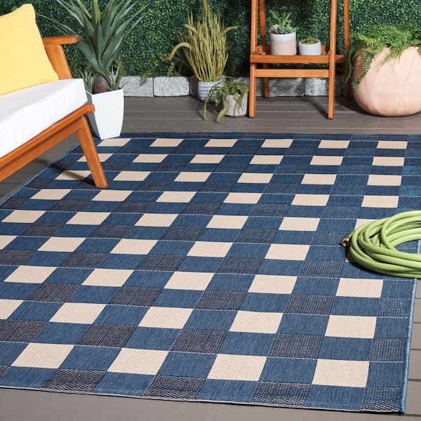 Courtyard Blue/Beige 8 ft. x 10 ft. Plaid Grid Indoor/Outdoor Area Rug