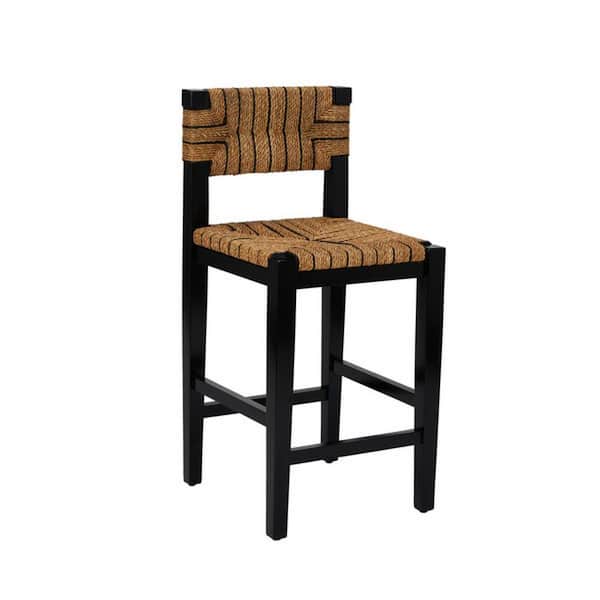 Storied Home Willowbrook 25.3 in. Black Low Back Mahogany Wood Bar Stool with Seagrass Seat