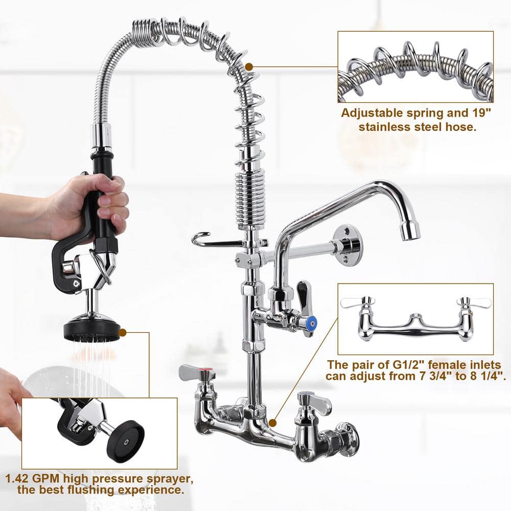 21 in. Polished Chrome Triple Handle Wall Mount Kitchen Faucet with Pull-out Spray