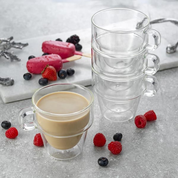 Espresso Cups Set of 4 w/ Button Coasters for Drinks - Stackable Glass Mugs  for Coffee Fitted on Espresso Machine - Insulated Double Wall Glass Coffee