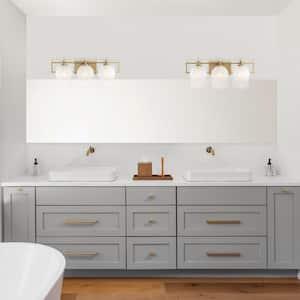 Cowen 31.25 in. 4-Light Brushed Gold Mid-Century Modern Vanity with Etched Glass Shades
