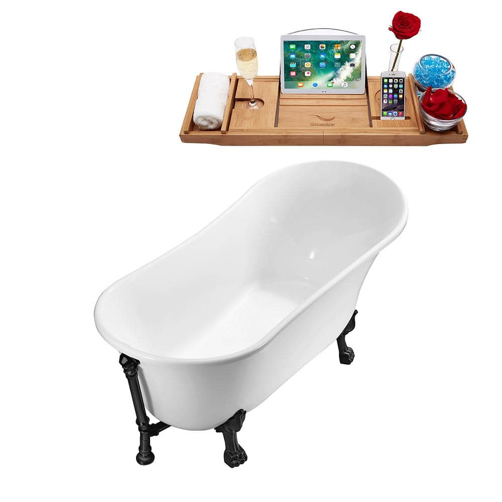 63" Glossy White Acrylic Clawfoot Bathtub with Matte Black Feet