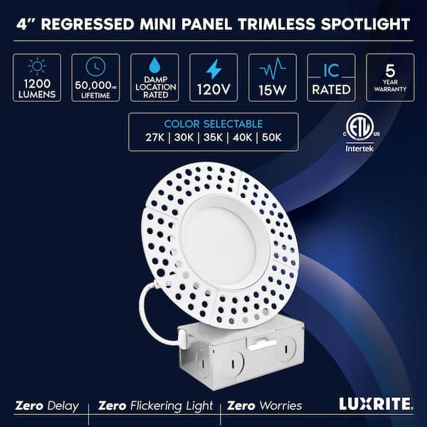 4 in. Trimless LED Recessed Light, 5CCT 2700K-5000K, 1200 Lumens, Wet & IC Rated, ETL