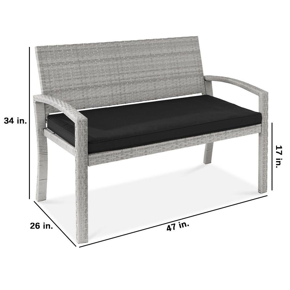 Gray and Black Wicker 2-Person Outdoor Bench with Cushion