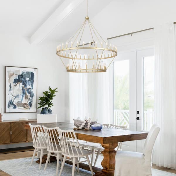 54-Light Brass Candlestick Circle Wagon Wheel Chandelier 2-Tier Farmhouse Chandelier Lighting for Kitchen Island