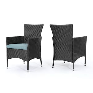 Malta Gray Faux Rattan Outdoor Dining Chairs with Teal Cushions (2-Pack)
