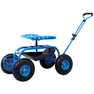 Rolling 42.5 in. Garden Scooter Garden Cart Seat in Blue with Wheels, Tool Tray, 360 Swivel Seat, Extendable Handle